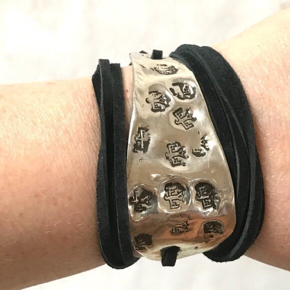 PHoenix Eagle Antique Sterling Silver Tie Wrap 925 Leather Cuff Bracelet Boho - Picture 4 of 11